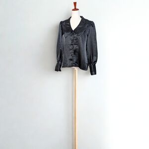 Vintage 80's Oscar de la Renta Black Poly Satin Button Down Blouse Size 8